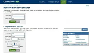 Calculator.net Random Number Generator screenshot